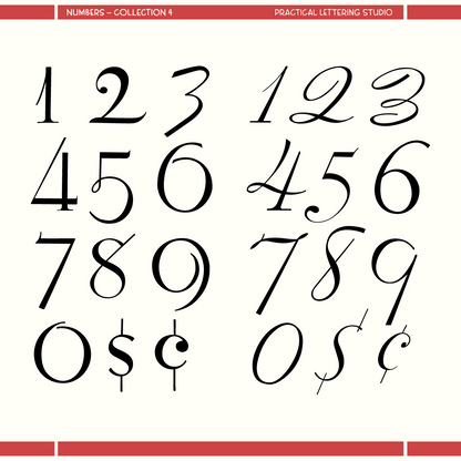 Collection of stylized numbers on a white background with red accents.
