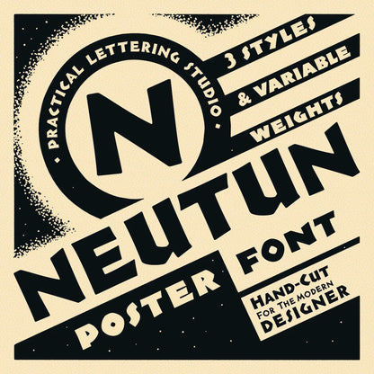 Vintage style advertisement for Neutun poster font with stylized text on a beige background