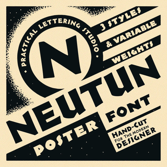 Vintage style advertisement for Neutun poster font with stylized text on a beige background