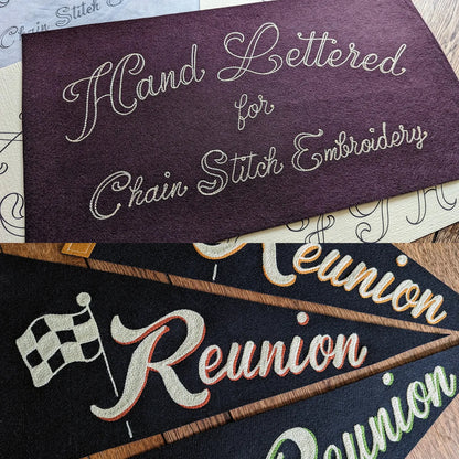 Chainstitch embroidery design with 'Hand Lettered for Chain Stitch Embroidery' text on a purple felt, with embroidered designs below.