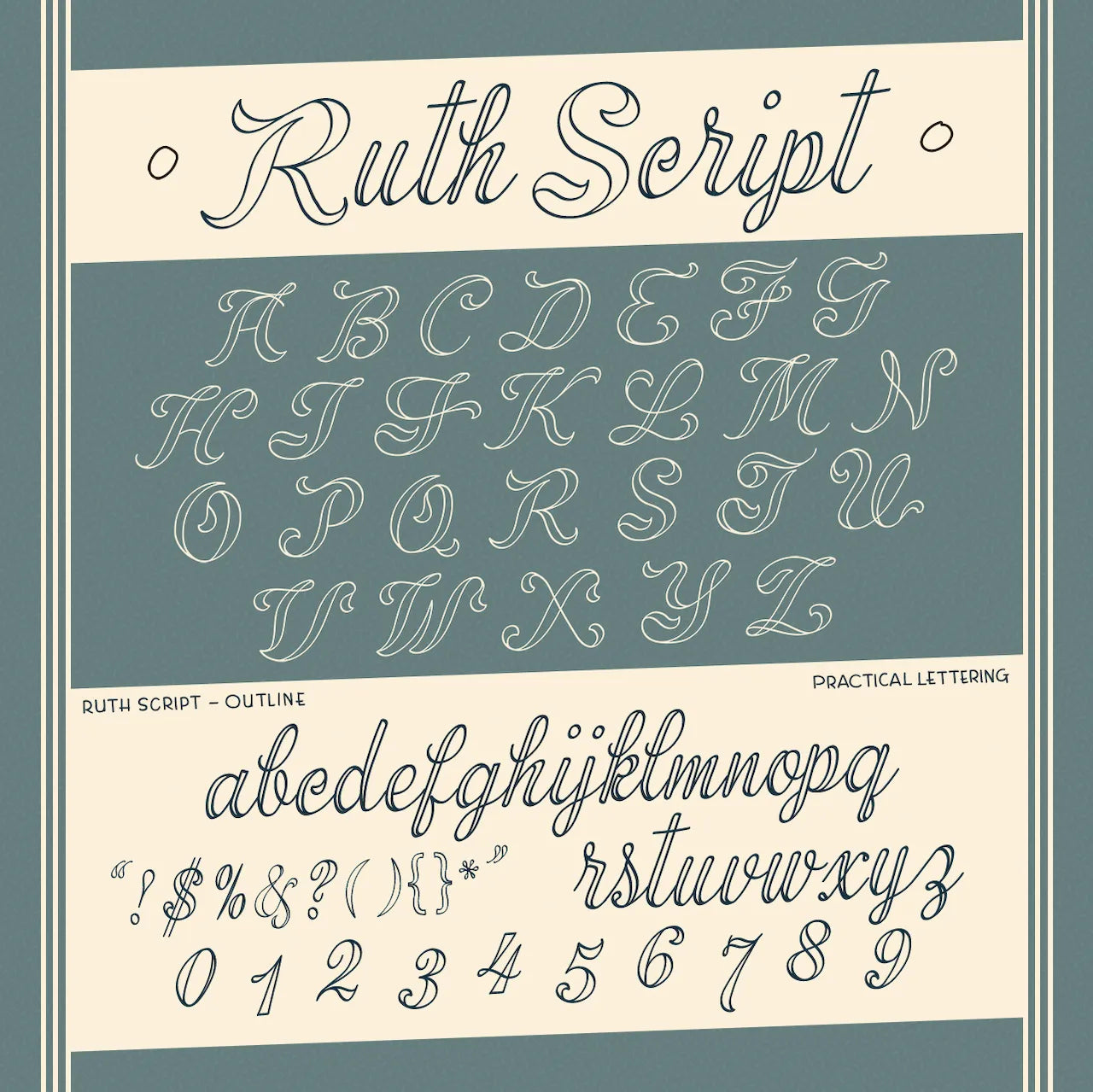 Ruth Script (Outlines) font display with alphabet and numbers on a blue and beige background