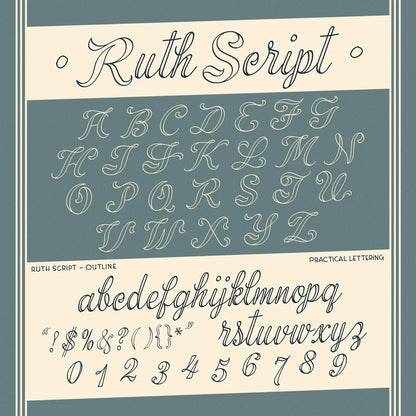 Ruth Script (Outlines) font display with alphabet and numbers on a blue and beige background