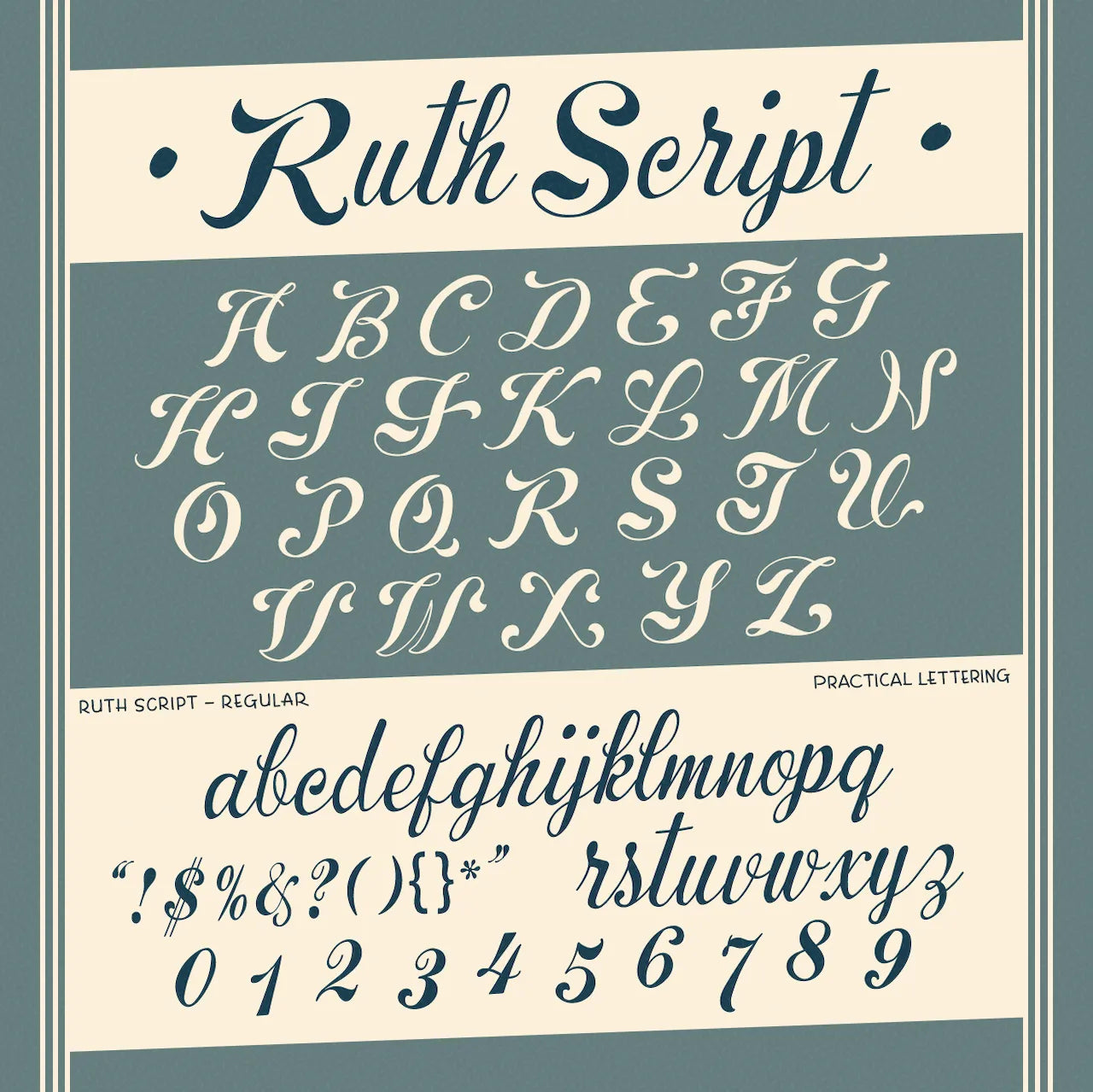 Ruth Script (Regular) font display with alphabet and numbers on a blue and beige background