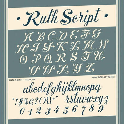 Ruth Script (Regular) font display with alphabet and numbers on a blue and beige background