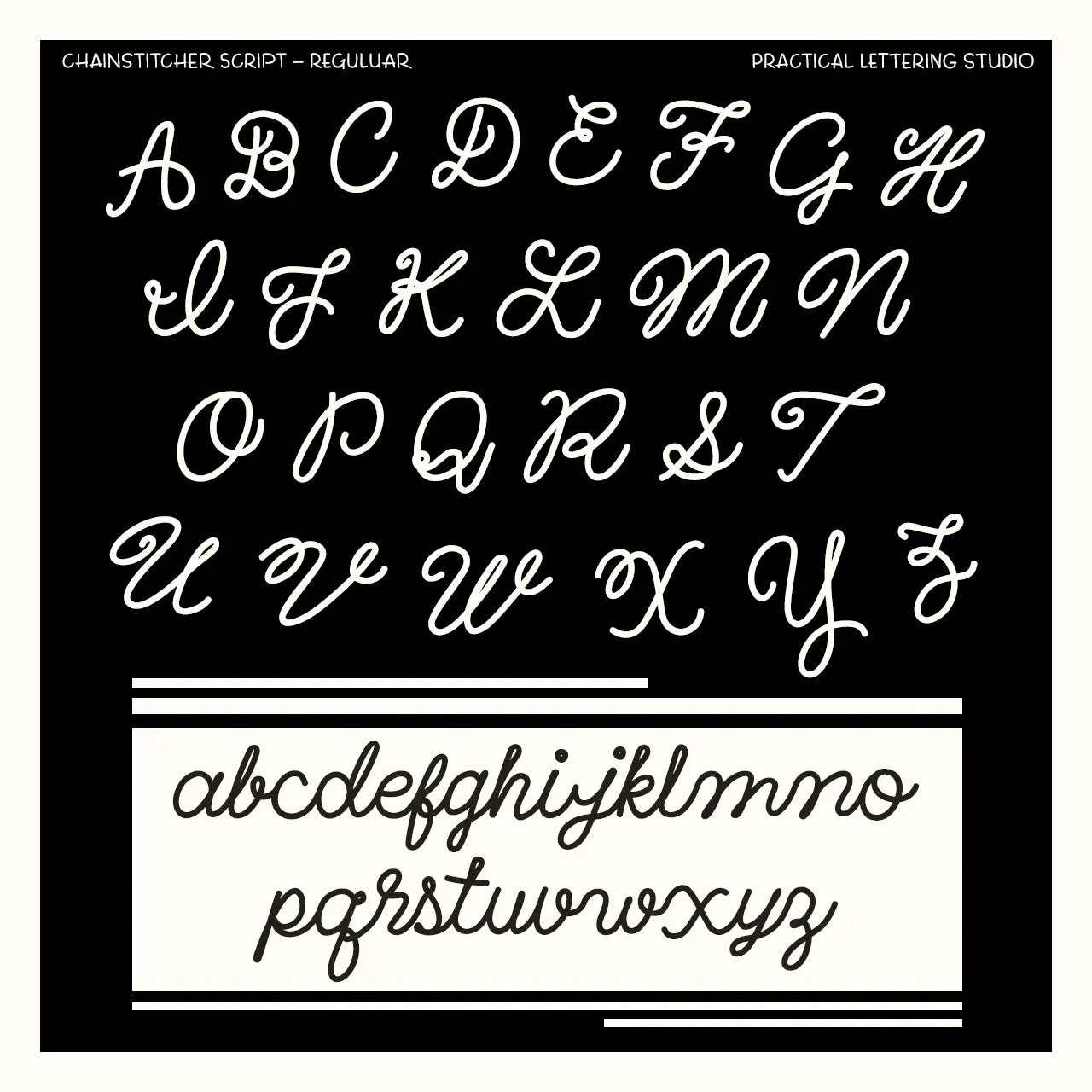 Chainstitcher Script alphabet on a black background