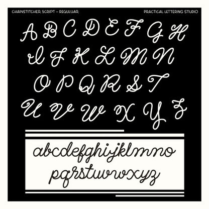 Chainstitcher Script alphabet on a black background