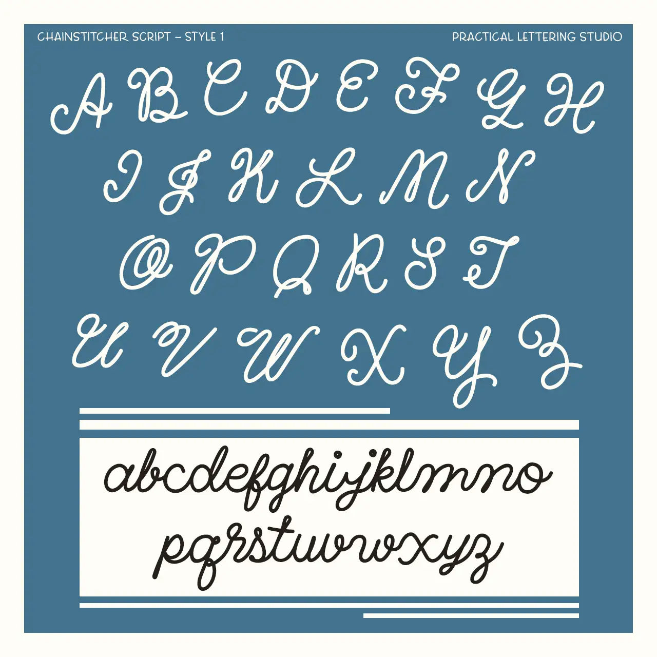 Chainstitcher Script alphabet (style 1) on a blue background