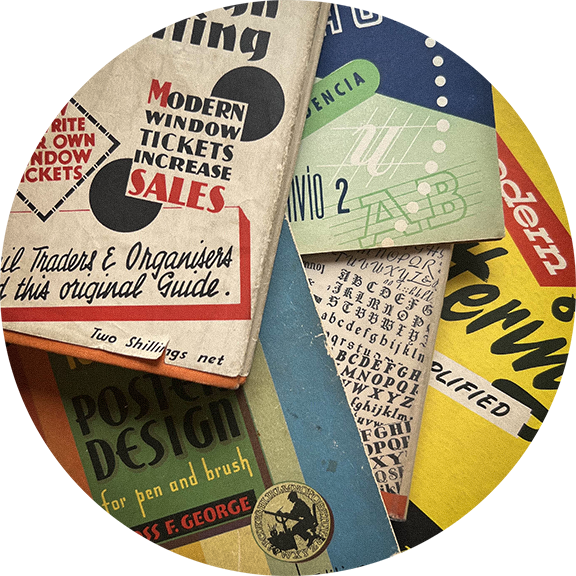 Collage of vintage-style circular posters with text and graphics.