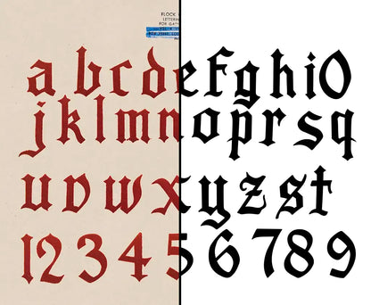 Gothic-style alphabet and numbers in red and black on a beige background
